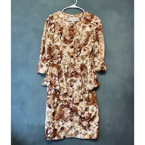 Vintage Sweet Miranda Floral Peplum Dress Metallic Button Front Art To Wear 80's